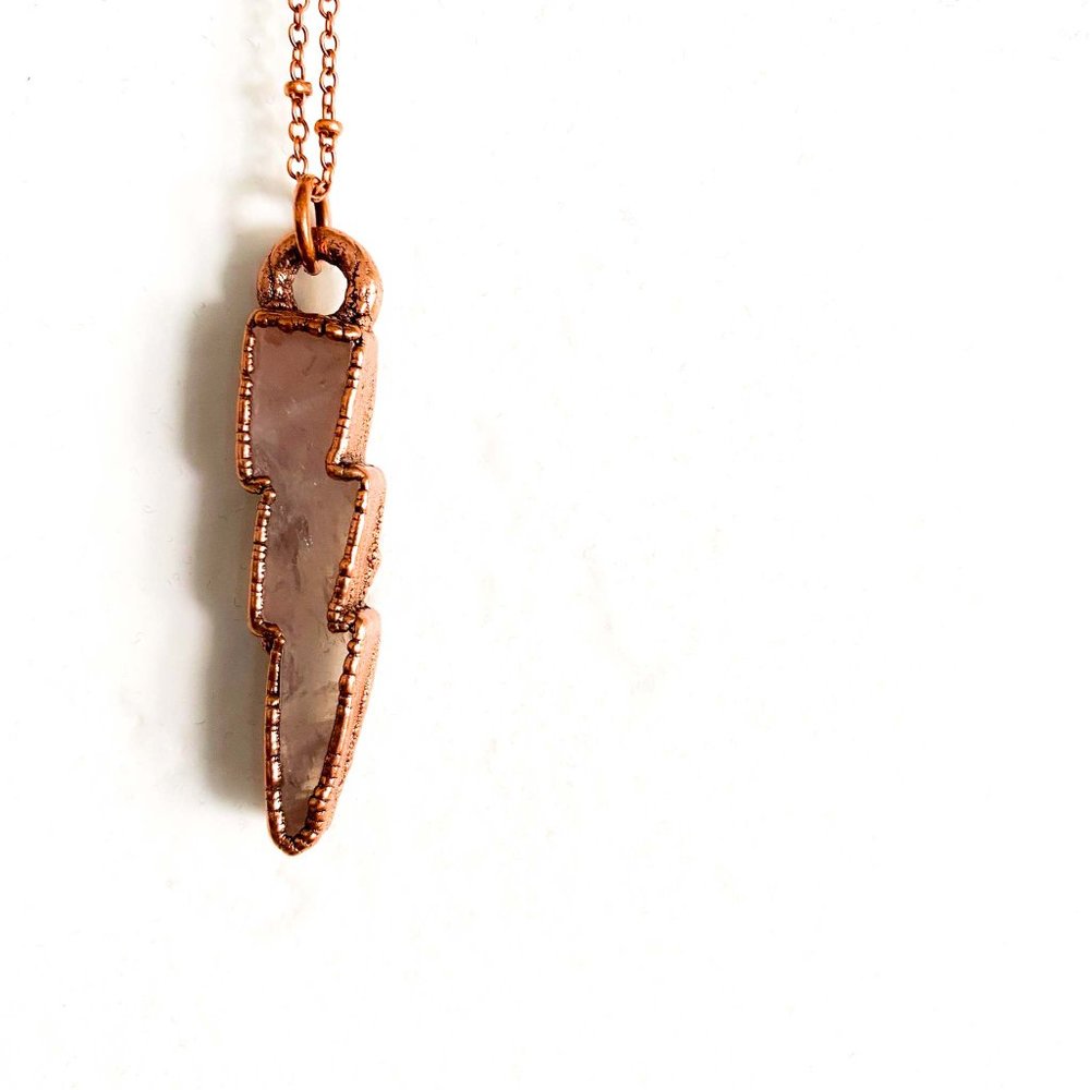 Blush Rose Quartz Crystal Lightning Bolt Necklace